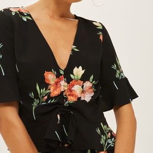 Topshop Black Floral Ruched Top